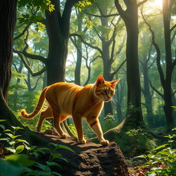 A majestic orange warrior cat with a sleek and powerful build, navigating through a dense forest