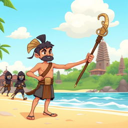 A brave warrior, illustrated in a whimsical children's book art style, standing on a sun-kissed beach in Bali