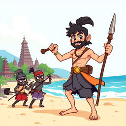 A brave warrior, illustrated in a whimsical children's book art style, standing on a sun-kissed beach in Bali