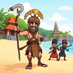 A brave warrior, illustrated in a whimsical children's book art style, standing on a sun-kissed beach in Bali