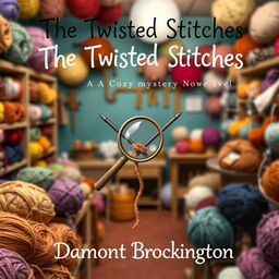 A whimsical and engaging book cover for "The Twisted Stitches," a cozy mystery novel