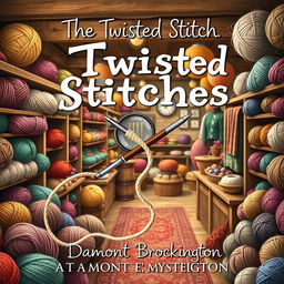 A whimsical and engaging book cover for "The Twisted Stitches," a cozy mystery novel