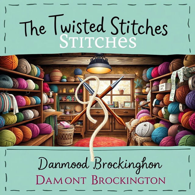 A whimsical and engaging book cover for "The Twisted Stitches," a cozy mystery novel