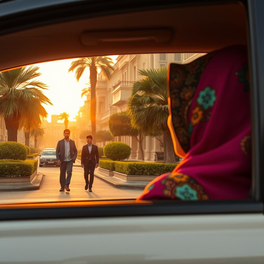 A woman in a colorful hijab gazes out from the window of a taxi, observing a tall and slender young man walking along the streets of a wealthy neighborhood in Egypt