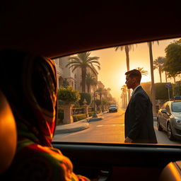 A woman in a colorful hijab gazes out from the window of a taxi, observing a tall and slender young man walking along the streets of a wealthy neighborhood in Egypt