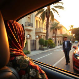 A woman in a colorful hijab gazes out from the window of a taxi, observing a tall and slender young man walking along the streets of a wealthy neighborhood in Egypt