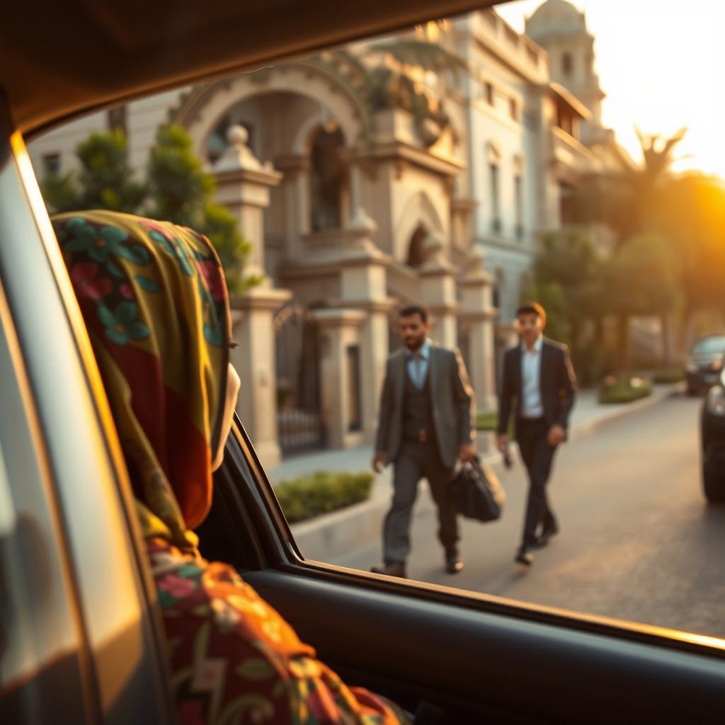 A woman in a colorful hijab gazes out from the window of a taxi, observing a tall and slender young man walking along the streets of a wealthy neighborhood in Egypt