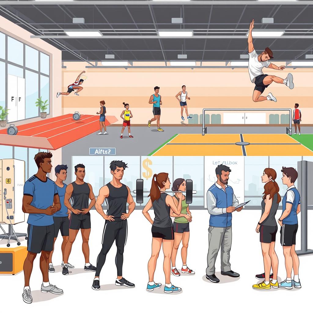 A dynamic illustration of athletes undergoing various tests and evaluations in a sports facility