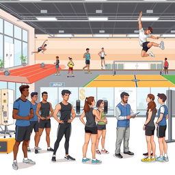 A dynamic illustration of athletes undergoing various tests and evaluations in a sports facility