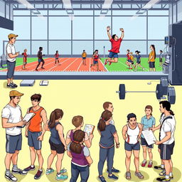 A dynamic illustration of athletes undergoing various tests and evaluations in a sports facility