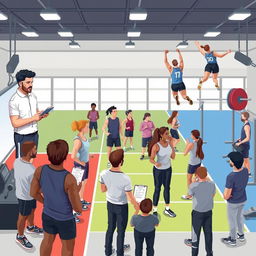 A dynamic illustration of athletes undergoing various tests and evaluations in a sports facility