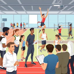 A dynamic illustration of athletes undergoing various tests and evaluations in a sports facility