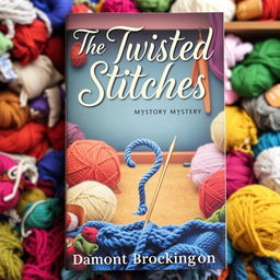 An inviting book cover for "The Twisted Stitches," a cozy mystery novel