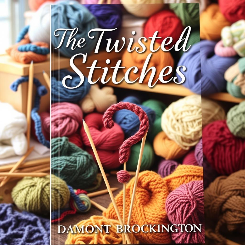 An inviting book cover for "The Twisted Stitches," a cozy mystery novel