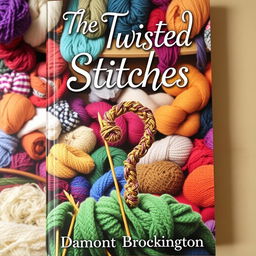 An inviting book cover for "The Twisted Stitches," a cozy mystery novel