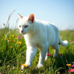 A majestic white warrior cat with sleek, pristine fur elegantly traversing a sunlit meadow