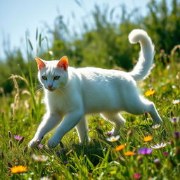 A majestic white warrior cat with sleek, pristine fur elegantly traversing a sunlit meadow