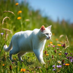 A majestic white warrior cat with sleek, pristine fur elegantly traversing a sunlit meadow