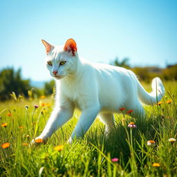 A majestic white warrior cat with sleek, pristine fur elegantly traversing a sunlit meadow