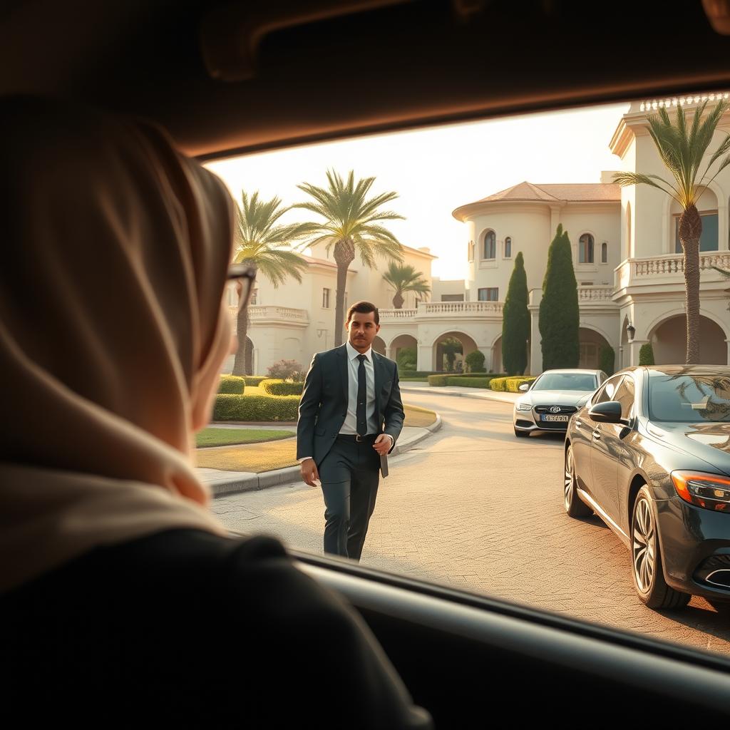 A woman in an elegant hijab peers through the window of a taxi, her gaze fixed on a tall and slim young man strolling past opulent villas in a wealthy Egyptian neighborhood