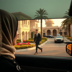 A woman in an elegant hijab peers through the window of a taxi, her gaze fixed on a tall and slim young man strolling past opulent villas in a wealthy Egyptian neighborhood