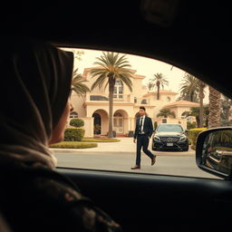 A woman in an elegant hijab peers through the window of a taxi, her gaze fixed on a tall and slim young man strolling past opulent villas in a wealthy Egyptian neighborhood