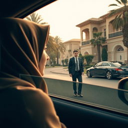 A woman in an elegant hijab peers through the window of a taxi, her gaze fixed on a tall and slim young man strolling past opulent villas in a wealthy Egyptian neighborhood