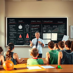 A classroom setting where a physical education teacher explains test measurement and evaluation methods to students