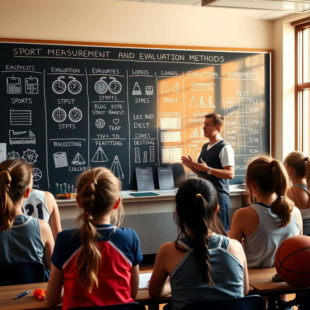 A classroom setting where a physical education teacher explains test measurement and evaluation methods to students