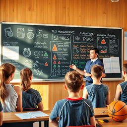 A classroom setting where a physical education teacher explains test measurement and evaluation methods to students