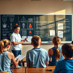 A classroom setting where a physical education teacher explains test measurement and evaluation methods to students