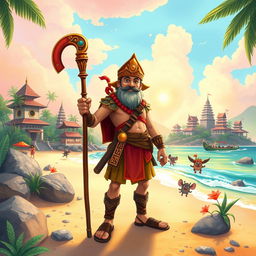 A charming and enchanting book cover in a children's book art style featuring a courageous warrior gripping a decorative cane, standing protectively on a vibrant Balinese beach