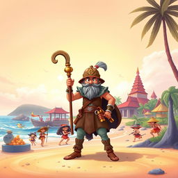 A charming and enchanting book cover in a children's book art style featuring a courageous warrior gripping a decorative cane, standing protectively on a vibrant Balinese beach