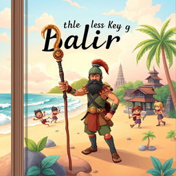 A charming and enchanting book cover in a children's book art style featuring a courageous warrior gripping a decorative cane, standing protectively on a vibrant Balinese beach