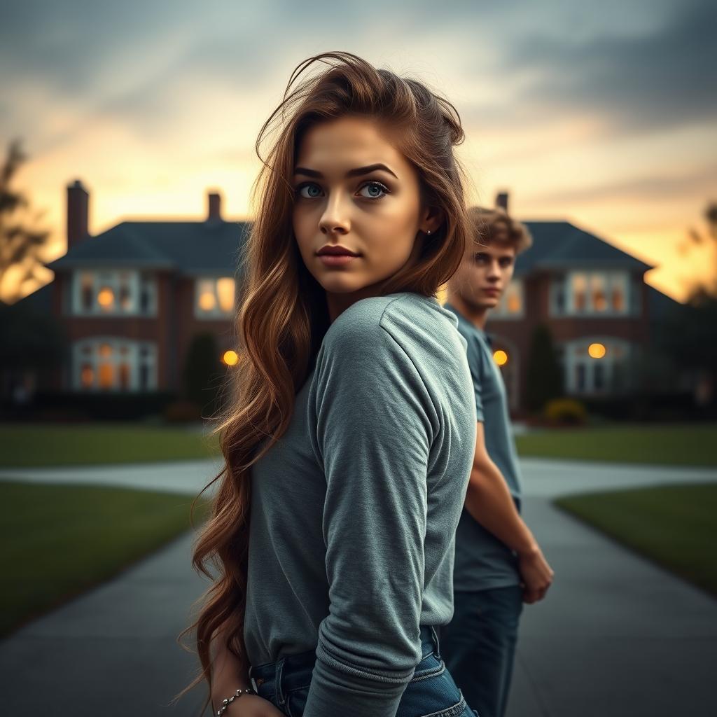 A college girl with long, wavy brown hair and dark blue eyes stands confidently, looking directly into the camera