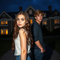 A college girl with long, wavy brown hair and dark blue eyes stands confidently, looking directly into the camera