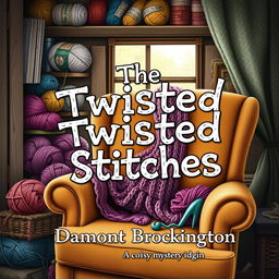 An enticing book cover for "The Twisted Stitches," a cozy mystery novel