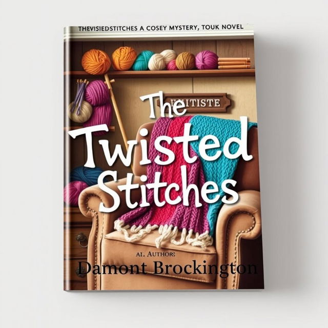 An enticing book cover for "The Twisted Stitches," a cozy mystery novel