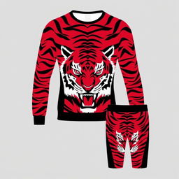 sports attire with tiger pattern, featuring a base color scheme of red, black, and white