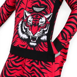 sports attire with tiger pattern, featuring a base color scheme of red, black, and white