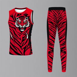 sports attire with tiger pattern, featuring a base color scheme of red, black, and white