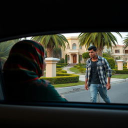 A woman in a vibrant hijab looks out from a taxi window at a tall and slender young man in casual wear, as he walks through a lush and affluent neighborhood in Egypt