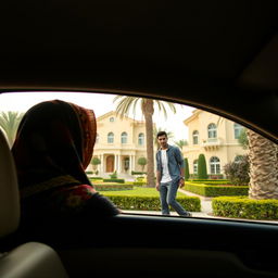 A woman in a vibrant hijab looks out from a taxi window at a tall and slender young man in casual wear, as he walks through a lush and affluent neighborhood in Egypt