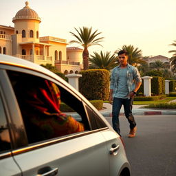 A woman in a vibrant hijab looks out from a taxi window at a tall and slender young man in casual wear, as he walks through a lush and affluent neighborhood in Egypt