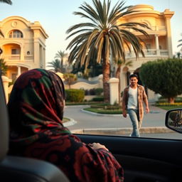 A woman in a vibrant hijab looks out from a taxi window at a tall and slender young man in casual wear, as he walks through a lush and affluent neighborhood in Egypt