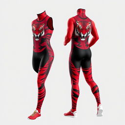 sprinter outfit with a sporty pattern, featuring a vivid color scheme of red and black, accented with a fierce tiger image