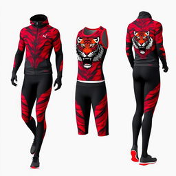 sprinter outfit with a sporty pattern, featuring a vivid color scheme of red and black, accented with a fierce tiger image