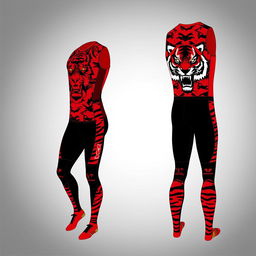 sprinter outfit with a sporty pattern, featuring a vivid color scheme of red and black, accented with a fierce tiger image