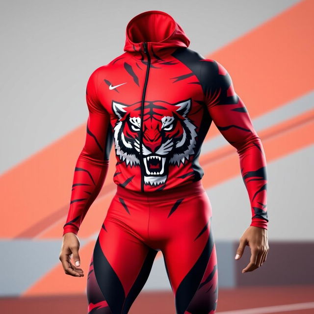 sprinter outfit with a sporty pattern, featuring a vivid color scheme of red and black, accented with a fierce tiger image