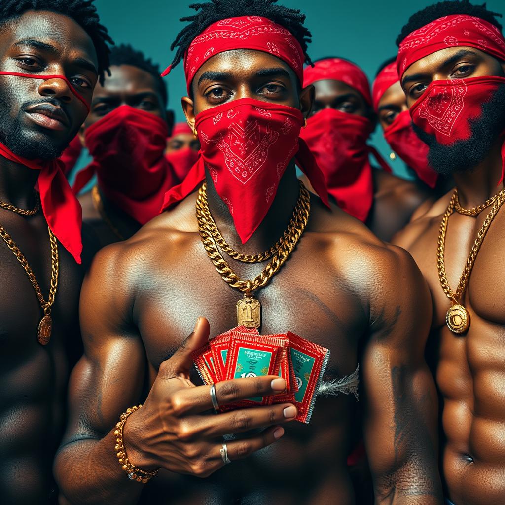 Close-up view of a group of muscular African-American gang members, each exuding confidence and strength